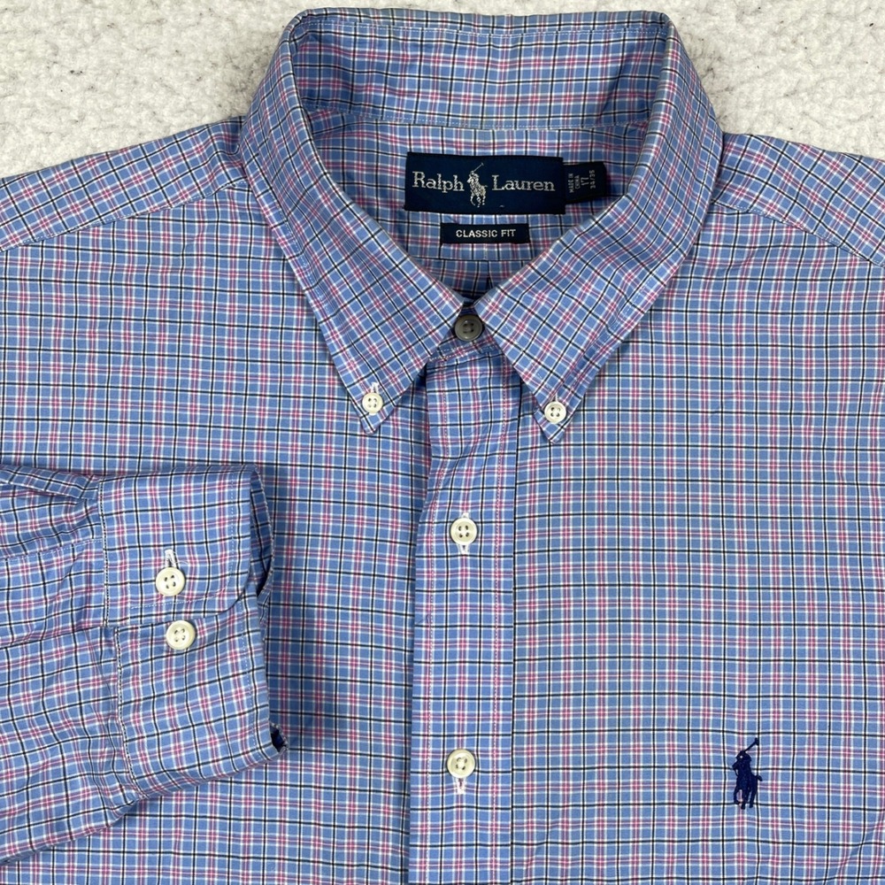 Ralph Lauren Button Down Mens 17 34/35 Blue Plaid Classic Fit Preppy Ivy League
